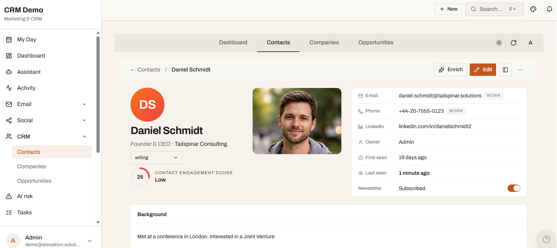 The CRM contact detail page: initials avatar hero, contact engagement score, uploaded photo panel, contact fields and the background note